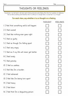 Thoughts And Feelings Activities, All About Me Therapy Activity, Thoughts Vs Feelings Worksheet, Therapy Telehealth Activities, Intrusive Thinking Worksheet, Thoughts Feelings Actions Worksheet, Back To School Therapy Worksheets, Thoughts Feelings Behavior Activity, Black And White Thinking Worksheet