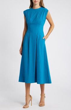 Sophisticated style is all yours in this crisp cotton midi dress that has a peck of stretch for comfort. 50" length (size Medium) Back zip closure Crewneck Cap sleeves Lined 97% cotton, 3% elastane Hand wash, line dry Imported Aqua Dress, Navy Midi Dress, Tiered Midi Dress, Cotton Midi Dress, Dress Home, Long Sleeve Midi, Blue Midi Dress, White Midi Dress, Long Sleeve Midi Dress