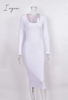 Ingvn Summer New Personality Fashion Casual Commuting Women's Wear Round Low Collar Long Corset and Knee White Dress Casual White Long Sleeve Bodycon Dress, White Long Sleeve Stretch Bodycon Dress, White Stretch Long Sleeve Bodycon Dress, White Long Sleeve Plain Dress, Long Corset, New Personality, Women's Wear, Fashion Casual, Casual Fashion