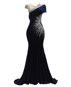 Best 11% off now! Buy navy blue bodycon velvet long formal dress with embroidered beadings at wholesale price online. Free shipping and pro custom service since 2009. Blue Velvet Evening Gown, Black Velvet Dress Long, Blue Velvet Long Dress, Anniversary Dresses, Gown With Gloves, Blue Velvet Gown, Navy Blue Prom Dress, Fish Cut, Delicate Gown