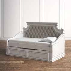 an upholstered daybed with storage drawers in a white room, 3d rendering