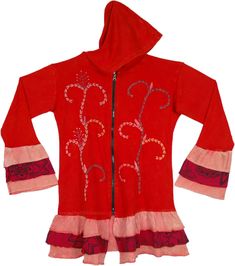 A bright and blunt red cotton hooded jacket with thick thread embroidery and flared bell sleeves and bottom.  The main and attractive feature of this hoodie is its flared sleeve and bottom ends that look adorable and feminine. #tlb #Embroidered #vacationclothing #Jacket #Fall #bohemianfashion #HippieJacket #FallJacket #Hoodie Red Cotton Outerwear With Drawstring Hood, Red Cotton Hooded Jacket For Spring, Red Cotton Long Sleeve Hooded Jacket, Red Hooded Cotton Outerwear, Red Hooded Tops For Spring, Red Fitted Hoodie, Fitted Red Cotton Hoodie, Fitted Cotton Hooded Jacket For Spring, Embroidered Red Hoodie For Fall