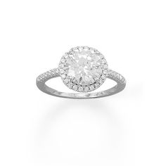 a diamond ring on a white background with the center stone surrounded by small round diamonds