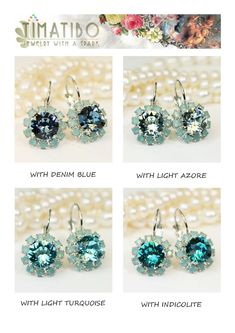 "Mint Aqua Crystal Earrings Blue Green Swarovski Crystal Drop Halo Earrings Mint Bridesmaid Gift Mint Wedding Silver,Light Turquoise,SE96 A sparkly pair of drop earrings made with genuine 8mm (39SS) SWAROVSKI CRYSTALIZED™ ELEMENTS Surrounded by small sparkling crystals. Will add just the right hint of color. Total diameter of the earring 7/16\" (11mm) Total Length: About 3/4\" inch (22mm) Check the additional photos to choose more colors. There are matching necklaces rings and bracelets to go wi Nickel Free Blue Aquamarine Earrings, Blue Aquamarine Nickel-free Earrings, Blue Aquamarine Earrings Nickel Free, Turquoise Jewelry With Ear Wire For Wedding, Turquoise Wedding Jewelry With Ear Wire, Blue Ear Wire Earrings For Wedding, Elegant Turquoise Nickel-free Crystal Earrings, Elegant Turquoise Crystal Earrings Nickel Free, Blue Round Crystal Earrings For Anniversary