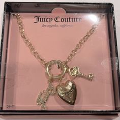 Juicy Couture Necklace With Charm Pendant With A Dangly Big Heart, Key And Juicy Charm In Its Original Box. Juicy Coture Necklace, Y2k Trashy, Cupcake Necklace, Chain Link Necklace Silver, Juicy Couture Necklace, Couture Necklace, Products Photography, Hearts And Roses, Chunky Chain Necklaces