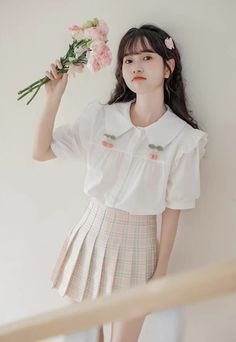 Button up shirt with a peter pan collar, short puff sleeves, frilly shoulders and pin-on cherries. S: 13.5" across shoulders, 39" chest, 23" lengthM: 14" across shoulders, 40.5" chest, 23" lengthL: 14.5" across shoulders, 42" chest, 23" length Shoe Gifts, Blouse White, Overall Dress, Pan Collar, Sweater Blouse, Peter Pan Collar, Cardigan Jacket, Button Up Shirt, Peter Pan