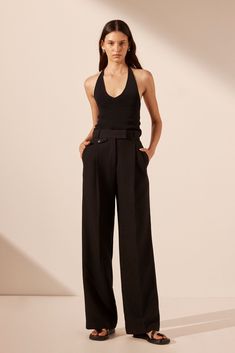 High waisted tailored pant with coin pocket detail. Sleek Wide Leg Pants With Belt Loops For Evening, Sleek Wide Leg Pants For Evening With Belt Loops, Chic Tapered Leg Pants, Chic High Waist Dress Pants For Work, Chic High-waist Dress Pants For Work, Sleek Tailored Wide Leg Pants For Night Out, Sleek High Waist Wide Leg Work Pants, Evening High-waisted Pantsuit, Chic Tapered Leg Pants For Date Night