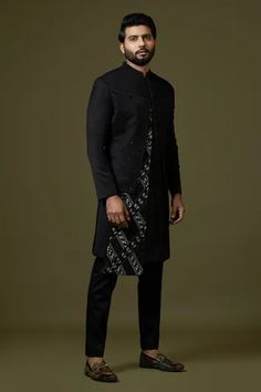 Shop for Paarsh Black Terry Cotton Cut Dana Embroidered Achkan Trouser Set for Men Online at Aza Fashions Slim Fit Trousers, Band Collar, Full Sleeves, Checkered Pattern, Aza Fashion, Full Sleeve, Sleeve Type, Types Of Sleeves, Geometric Pattern