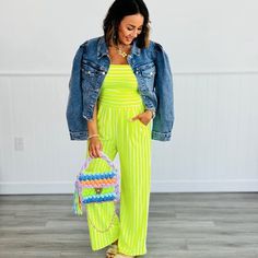 Brand New Get Ready To Turn Heads In This Neon Lime Striped Tube Top Pocket Palazzo Pant Romper! The Fun And Funky Stripes Will Add A Pop Of Color To Your Wardrobe. With Its Comfortable Tube Top And Flowy Palazzo Pants, This Romper Is Perfect For Any Occasion. You'll Feel Stylish And Confident In This Trendy Piece. Material Blend: 95% Polyester 5% Spandex Striped Tube Top, Palazzo Pants, Romper Pants, Tube Top, Pant Jumpsuit, Color Pop, Pants For Women, Stripes, Rompers