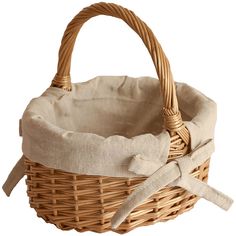 a wicker basket with a bow on the handle