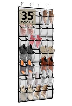 a shoe rack with 35 pairs of shoes on it