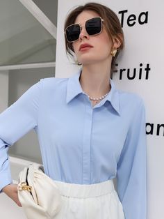 Blue Basics Collar Long Sleeve Polyester Plain Shirt Embellished Non-Stretch Spring Women Tops, Blouses & Tee Powder Blue Shirt Outfit Women, Light Blue Button Up Shirt Outfit, Light Blue Blouse Outfit, Hidden Button Shirt, Purple Shirt Outfits, Shein Wishlist, Batwing Sleeve Top, Look Formal, Elegante Casual