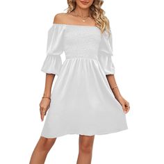 White Pleated Square Neck Puff Sleeve Dress Mini Dress Casual, Puffed Sleeves Dress, Mini Dresses Summer, Solid Dress, Women's Summer Fashion, Square Neck, Half Sleeves, Summer Women, Puff Sleeve