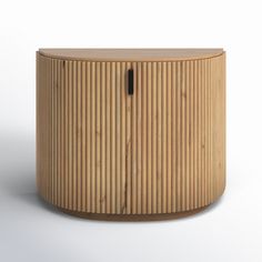 a round wooden cabinet with vertical slats on the top and bottom, in front of a white background