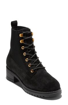 Perfect for cold weather, this leather combat boot featuring lace-up ties, stretchy ribbed panels and a lugged sole for trendy style. Leather upper/synthetic lining and sole Imported Combat Boots Women, Women's Combat Boots, Suede Combat Boots, Platform Boots Women, Womens Combat Boots, Lace Up Combat Boots, Cole Haan Women, Combat Boot, Platform Boots