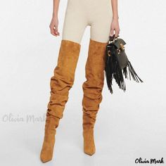 Olivia Mark - Elegant Over-the-Knee Stiletto Suede Boots with Slouchy design - Camel Fitted Brown Suede Knee-high Boots, Beige Fitted Suede Knee-high Boots, Fitted Beige Suede Heeled Boots, Otk Boots, Low Heel Boots, Suede Boots Knee High, Stiletto Boots, Olivia Mark, Suede Boots