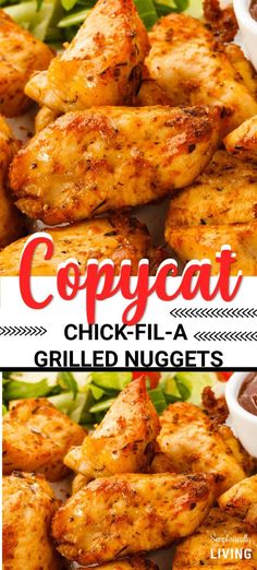 chicken wings with dipping sauce on top and the words copycat written in red above them