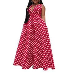 Women Summer Dress 2022 VONDA Holiday Deep V Neck A-line Big Swing Party Dress Sexy Polka Dot Vestidos Sleeveless Robe Femininas Fitted Polka Dot Maxi Dress, Sleeveless Polka Dot Maxi Dress For Summer, Sleeveless Maxi Dress With Polka Dots For Summer, Sleeveless Polka Dot Maxi Dress For Party, Polka Dot Sleeveless Maxi Dress For Party, Polka Dot Maxi Dress For Summer Party, Summer Party Polka Dot Maxi Dress, Casual Polka Dot Maxi Dress For Party, Polka Dot Sleeveless Summer Party Dress