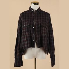 Olivaceous Cropped / Distressed Burgundy & Grey Plaid Long Sleeve Button Down | Size Medium | New With Tags / No Visible Flaws | Approximate Measurements Laid Out Flat / Across Pit To Pit 27” Length 20” Sleeve Length 19.5” Burgundy Button-up Top For Fall, Fall Burgundy Button-up Tops, White Button Down Shirt, Grey Plaid, White Button Down, Button Downs, Colorful Shirts, Button Down Shirt, Womens Tops