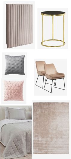 the interior design mood board is shown with neutrals, pink and grey colors in it