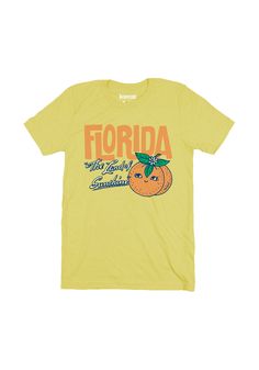 Ahh, nothing like fresh-squeezed sunshine. Breathe in the orange blossoms and beachy air with our new Florida tee. Inspired by vintage postcards and old souvenirs, this Floridian kitsch is sure to make you glow like the sun over the Keys. Unisex crew neck tee in Yellow. 100% combed and ring-spun cotton. Model wears size Large. Vintage Yellow T-shirt With Funny Print, Vintage Screen Print T-shirt For Vacation, Orange Graphic Print T-shirt For Vacation, Retro Orange T-shirt For Spring, Retro Orange T-shirt With Screen Print, Vintage Orange Short Sleeve T-shirt, Vintage T-shirt For Spring Vacation, Hippie Posters, Souvenir Shirt