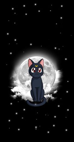 a black cat sitting in front of a full moon