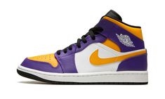 The Air Jordan 1 Mid “Lakers” is a colorway of the lifestyle shoe that features the team uniform colors of the Los Angeles Lakers on its design.  The Jordan 1 Mid is not officially affiliated with the Lakers in any way, although it does draw favorably from the basketball team’s uniform colors.  Yellow leather appears on the perforated toe and collar while contrasting purple leather is found on the overlays.  A yellow leather Swoosh appears on either side of the shoe and a white “Wings” logo can Jordan 1 Purple And Yellow, Lakers Jordan 1, Yellow And Purple Jordans, Lakers Room Ideas, Purple Jordans, Lakers Shoes, Jordan 1 Orange, Jordan Mids, Jordan 1 Mids