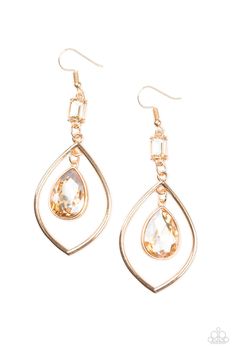 Infused with a golden gem fitting, a dramatic golden teardrop gem swings from a glistening gold teardrop silhouette for a glamorous look. Earring attaches to a standard fishhook fitting. Sold as one pair of earrings. P5RE-GDXX-172XX Twisted Metal, Glamorous Look, Paparazzi Accessories, Blue Gems, White Rhinestone, Gold Rhinestone, Affordable Jewelry, Paparazzi Jewelry, Teardrop Earrings