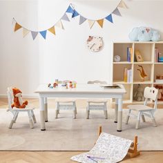 a child's table and chairs in a playroom with toys on the floor