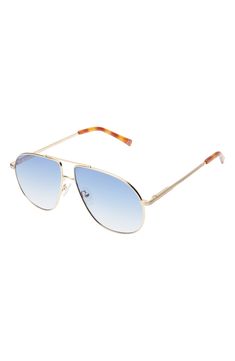 Channel retro style in these casual-cool sunglasses featuring pinstripe-textured metal frames in a '70s-inspired aviator silhouette. 60mm lens width; 13mm bridge width; 145mm temple length 100% UV protection Adjustable nonslip nose pads Metal Imported Retro Aviator Shield Sunglasses With Tinted Lenses, Retro Aviator Sunglasses With Mirrored Lenses, Retro Aviator Sunglasses With Metal Frame, Retro Aviator Sunglasses With Gradient Lenses For Spring, Classic Aviator Sunglasses For Spring, Retro Polarized Aviator Sunglasses For Spring, Retro Aviator Sunglasses With Polarized Lenses For Spring, Retro Aviator Sunglasses With Tinted Lenses, Retro Aviator Sunglasses With Tinted Lenses For Spring