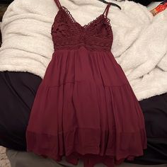 Brand New Never Worn Still Has Tags Color Is A Burgundy Maroon Summer Dress, Red Crochet Dress For Spring Party, Casual Red Lace Dress, Casual Red Crochet Dress, Red Lace Dress For Brunch, Summer Burgundy Dress For Brunch, Maroon Hoco Dress, Maroon Sundress, Dark Red Dress