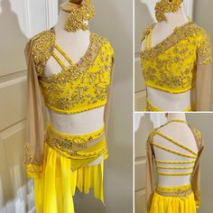 three pictures of a woman's yellow ballroom dress with gold beading on it