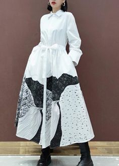 Simple Lapel Drawstring Spring Dresses Work Outfits White Print A Line Dress - Omychic Culture Project, Dress Work Outfit, Summer Workout Outfits, Dresses Work, Cotton Linen Dresses, Summer Work Outfits, Korean Dress, Khaki Dress, Line Dress