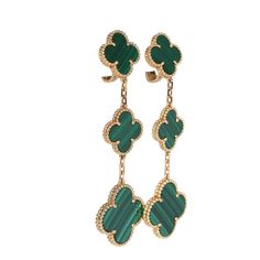 These Van Cleef & Arpels Magic Alhambra 3 Motif earrings featuring three dangling drop malachite clovers set in 18K yellow gold hardware with clip back detachable stem closures.Origin: FranceCondition: New and never wornAccompanied by: VCA jewelry pouch, authenticity card, carebookMeasurements: earring drop/length: 2.6" Van Cleef & Arpels, Malachite Earrings, Van Cleef And Arpels, Gold For Sale, Jewellery Marketing, Classic Earrings, Van Cleef Arpels, Fine Jewels, Van Cleef