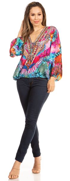 Sante Boho Floral Tunic Top: Perfect for Everyday Wear! Avaliable Sizes: S/M: Bust 46" (117 cm), Length 24" (61 cm). US 0-18W, EU 30-48, UK 4-22. L/XL: Bust 50" (127 cm), Length 25" (64 cm). US 0-22W, EU 30-52, UK 4-26. Product Details: Made with lightweight materials and vibrant prints Features deep V neck, lantern sleeves with elastic cuffs, and rhinestones at neckline Loose fit, 3/4 sleeves with long, pullover style Care instructions: Gentle cycle or hand wash cold, hang dry, do not bleach Ma Floral Tunic Tops, Boho Tunic Tops, Floral Tunic, Boho Tunics, Lovely Tops, Stretch Leggings, Caftan Dress, Embroidered Caps, Sheer Chiffon