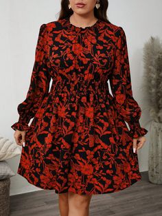 Plus Size Women Floral Print Cinched Waist Casual Dress, Autumn For New Year Clothes Red Casual  Long Sleeve Woven Fabric Floral  Non-Stretch  Women Plus Clothing, size features are:Bust: ,Length: ,Sleeve Length: Red Christmas Dress, Red Floral Dress, Holiday Party Dresses, Flounce Sleeve, Stylish Dress Designs, Vestido Casual, 가을 패션, Inspiration Mode, Fashion Chic