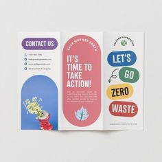 an open brochure with colorful text and images on the front, inside and out