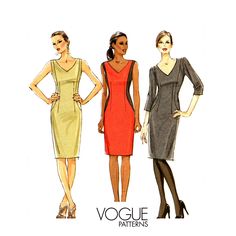 three women's dresses in different colors and sizes, with the word voge patterns on