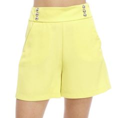 High Waist Solid Shorts Chic Yellow Shorts For Workwear, Yellow Short Bottoms For Work, Chic Pants With Short Inseam, Yellow Workwear Bottoms Shorts, Yellow Short Length Bottoms For Workwear, Yellow Short Length Workwear Bottoms, Chic Fitted Yellow Shorts, Chic Yellow Bottoms With Built-in Shorts, Chic Yellow Shorts With Built-in Shorts