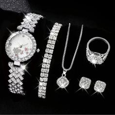 Women's Fashion Jewelry Set Silver Crystal Necklace Earrings Ring Watch Bracelet 6 Pcs Mode Hip Hop, Women's Watch Bands, Diamond Watches Women, Rhinestone Watches, Geometric Studs, Watches For Women, Womens Watches Luxury, Analog Watch, Rhinestone Designs