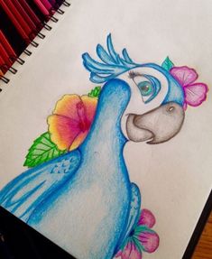 a drawing of a blue bird with flowers on it's head and leaves around its neck