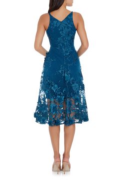 A lavish garden scene is embroidered all over this figure-flaunting dress topped with a slim, plunging bodice and finished with a breezy, flared skirt. 44" length (size Medium) Hidden back-zip closure Plunging V-neck Sleeveless Lined 100% nylon Dry clean or hand wash, line dry Imported Blue Fitted Evening Dress With Floral Embroidery, Fitted Blue Evening Dress With Floral Embroidery, Fitted Floral Embroidered Lace Dress For Gala, Fitted Lace Dress With Floral Embroidery For Gala, Dress The Population, Peacock Blue, Flared Skirt, Top Dress, Nordstrom Dresses