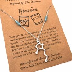 Inspired by the molecular structure of bourbon lactones, my Sterling Silver Bourbon pendant adds a sophisticated touch to your style.  Bourbon is one of the most popular spirits worldwide but is only made in the United States, with around 95% originating in Kentucky. ♻️ MADE FROM UPCYCLED STERLING SILVER MAKING THIS AN ECO-FRIENDLY PIECE OF ART!  🔬For other science themed jewelry, please check out my main shop page www.etsy.com/shop/molecularmotifs   ✦ CUSTOM CHAIN OPTIONS ✦ Sterling Silver chains are made from precious sterling silver which adds to the value of your pendant.   💕 To make it a bit more personal, you can choose from 12 different gemstones that reflect the birthstone of each month to place on each side of the chain. You will get two on each side. At the end of each gemstone Chemistry Gifts, Molecule Necklace, Custom Chain, Science Chemistry, Science Themes, Molecular Structure, Art Carte, Themed Jewelry, Gift Handmade