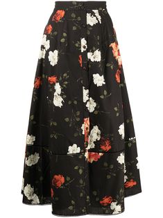 black cotton all-over floral print pleat detailing high-waisted full skirt mid-length straight hem Hawaiian Skirt, Black Floral Skirt, Frock Fashion, Printed Pleated Skirt, Full Skirts, Full Skirt, Modest Outfits, All Fashion, Black Cotton