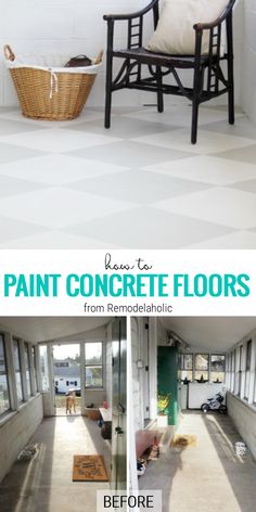 before and after photos of a white painted concrete floor, with the words paint concrete floors from remodelaholice