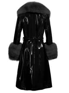 Color: Black Patent Leather Faux Fur Collar Material: Sheepskin Fully Lined Belt Included Lining: Polyester Single Breasted Sample Size: S Delicate dry clean Protect accessory before washing Our Style No. ZC_Faux Fur Genuine Patent Leather Coat in Black Made-to-order (MTO) style Please allow additional 3-5 days for MTO order to be processed Black Leather Fur Coat With Faux Fur Trim, Chic Black Leather Fur Coat, Elegant Black Leather Fur Coat, Black Fur Coat With Faux Fur Lining For Party, Black Fur Coat With Faux Fur Trim For Party, Black Faux Fur Outerwear For Evening, Black Faux Fur Evening Coat, Black Faux Fur Coat For Evening, Evening Black Faux Fur Coat