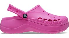 a pink clogger shoe with holes on the bottom and an eye patch at the top