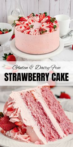 strawberry cake on a white plate with strawberries in the background and text overlay that reads glam & dairy free strawberry cake