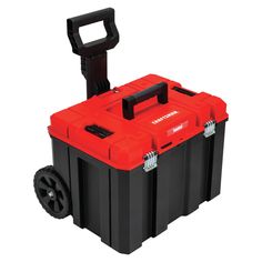 a red and black tool box with wheels