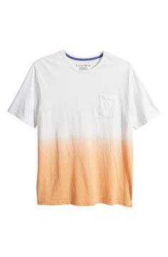 Bisected in bold dip-dye, this T-shirt made with soft, breathable cotton sports a relaxed vibe and a slim seam running up and down the back. Crewneck Short sleeves 60% cotton, 40% polyester Machine wash, dry flat Imported Sporty Acid Wash T-shirt For Spring, Casual Tie Dye Cotton T-shirt, Casual Bleached Short Sleeve Top, Casual Short Sleeve Bleached Tops, White Relaxed Fit Bleached Tops, White Bleached Relaxed Fit Tops, Relaxed Fit White Bleached Tops, Faded Casual T-shirt For Summer, Faded Casual Summer T-shirt